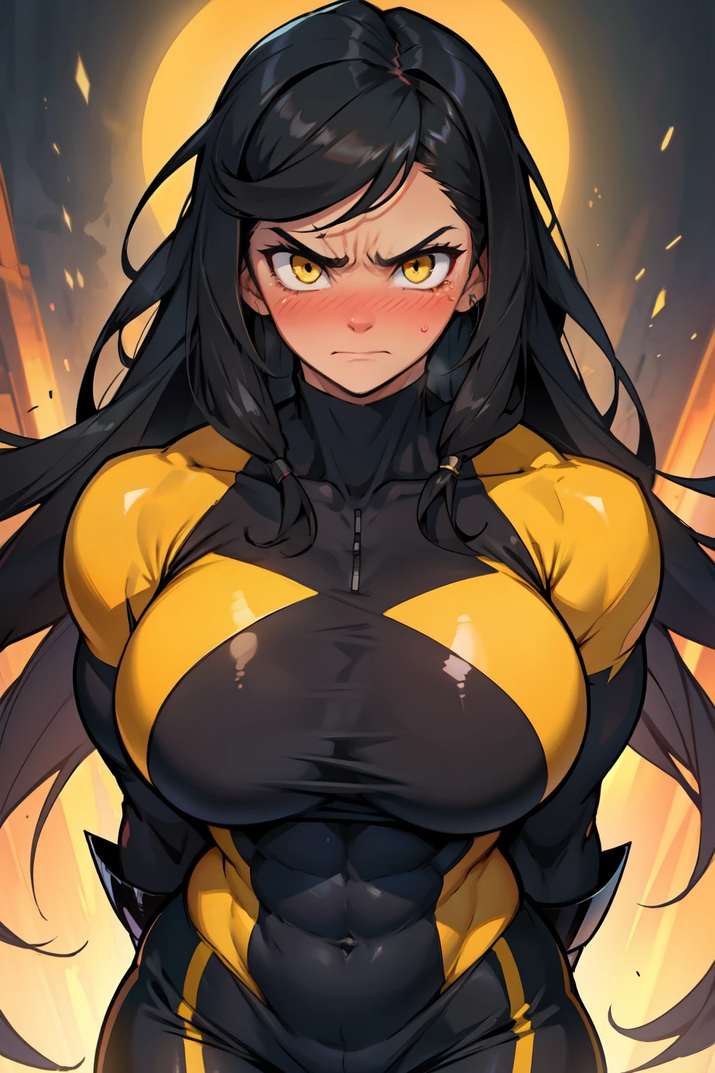 girl huge breasts bodybuilder muscular toned body pale skin black hair very long hair yellow eyes angry (blushing embarrassed)