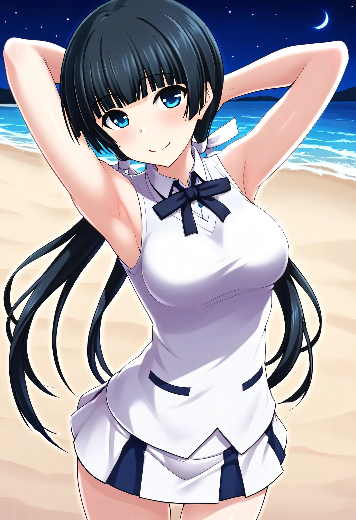 Mayuzumi Yukie, black hair, blunt bangs, long hair, low twintails, blue eyes , short sleeves, white sweater vest, white shirt, white skirt, neck ribbon, black ribbon, high quality, solo, night sky, beach, arms behind head, contrapposto, closed mouth, spread armpits, (cowboy shot:1.5), looking at viewer, shy, light smile, best quality, blushing,