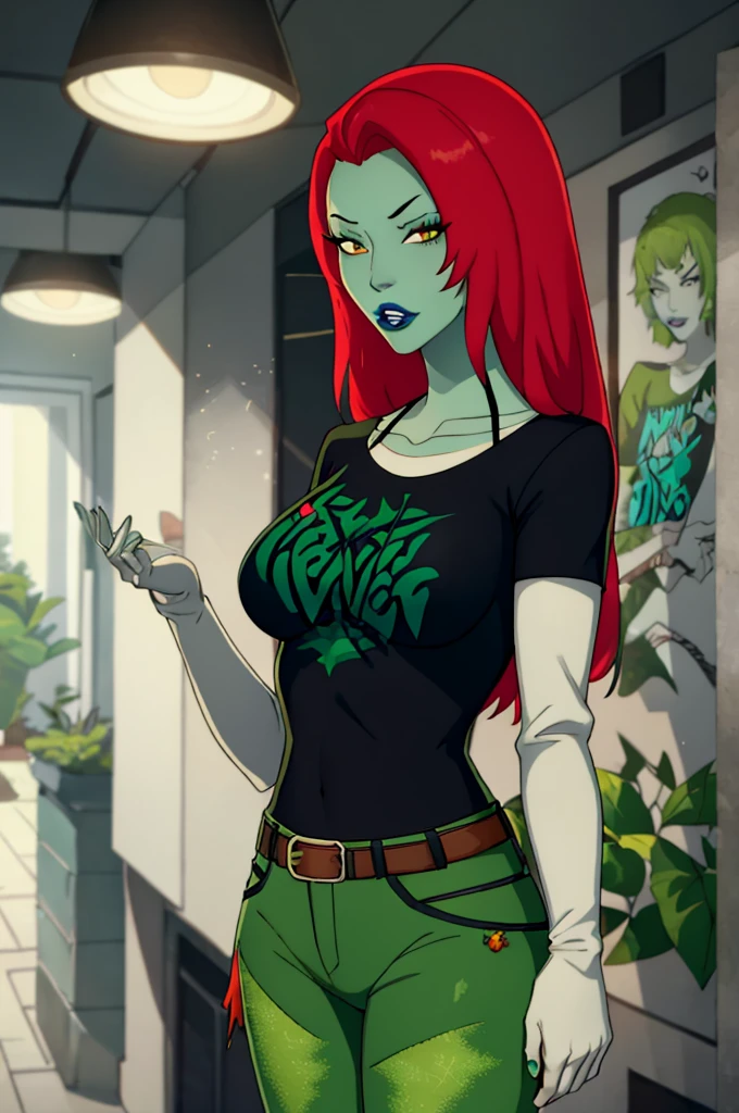 Poison ivy, red hair, green skin, 1girl, solo, standing, black t-shirt, white shirt, blue jeans, belt, lipstick, large breasts