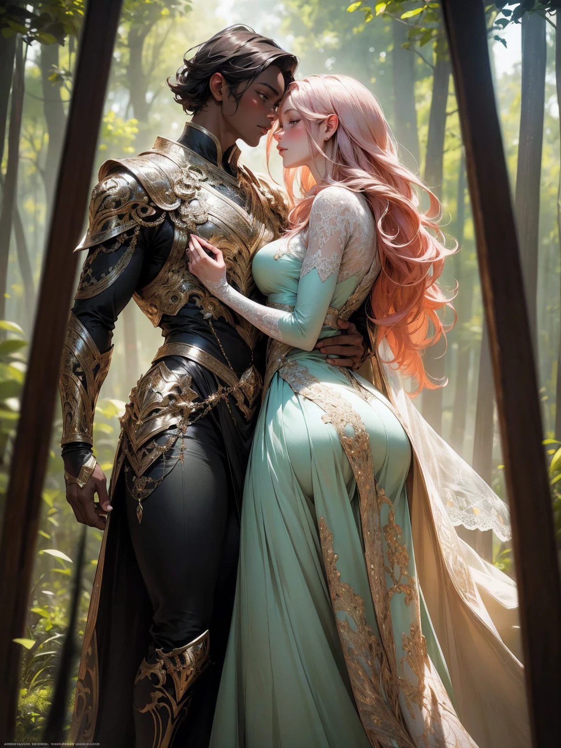 {-erro_de_anatomia:1.0}(best quality,4k,8k,highres,masterpiece:1.2), ultra-detailed, (realistic,photorealistic,photo-realistic:1.37), mature milf, illyasviel von einzbern, redhead hair, upper body, vibrant colors, glowing skin, mesmerizing eyes, brown eyes, elegant pose, enchanting background, delicate lace dress, green dress, surreal lighting, ethereal atmosphere, mystical aura, intricate details, artistic medium, digital illustration, fantasy, anime, walking on nature, kissing a beautiful black man (black skin)