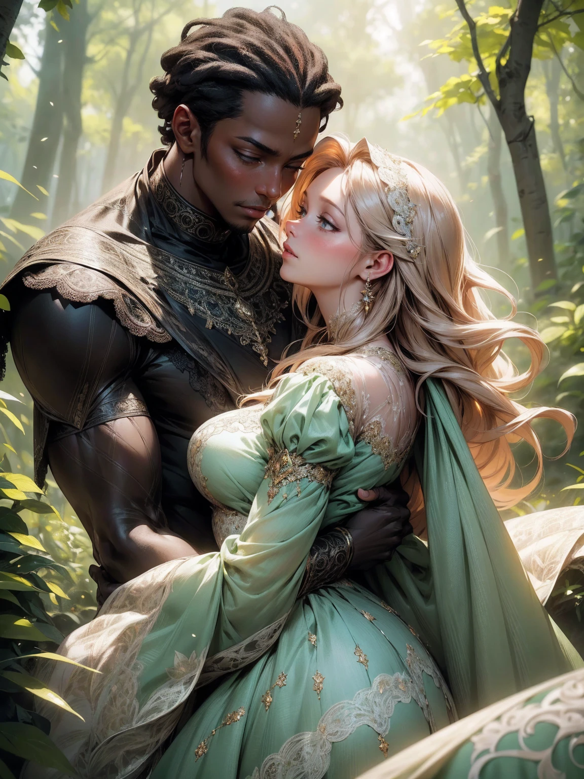 {-erro_de_anatomia:1.0}(best quality,4k,8k,highres,masterpiece:1.2), ultra-detailed, (realistic,photorealistic,photo-realistic:1.37), mature milf, illyasviel von einzbern, redhead hair, upper body, vibrant colors, glowing skin, mesmerizing eyes, brown eyes, elegant pose, enchanting background, delicate lace dress, green dress, surreal lighting, ethereal atmosphere, mystical aura, intricate details, artistic medium, digital illustration, fantasy, anime, walking on nature, kissing a beautiful black man (black skin)