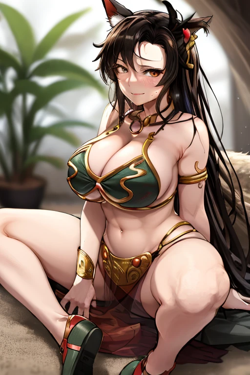 masterpiece, best quality, beautiful art, high resolution, well formed hands, body and fingers, 1 woman, solo, Imaizumi Kagerou, wolf ears and wolf tail,, wearing a slave Leia outfit, pelvic curtain, long hair, , adult, big breasted, cleavage, hair ribbon, full body, sexy and skimpy outfit , underwear peek, gorgeous legs, hips and thighs , she is doing exercise, warming up, working out, sexy and captivating training, looking at the viewer, smiling joyfully and happily , sweating , bouncing breasts , training montage session, beach environment 