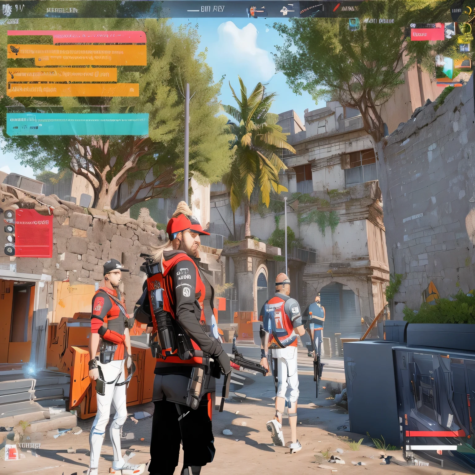 there is a man holding a gun in a game, no jogo, no jogo, no jogo, ingame, Game screenshot with UI, muitos npcs nas ruas, no jogo style 8k, realismo no estilo de jogo fornite, jogo fps, captura de tela do jogo, no jogo graphic, pc game with ui, captura de tela do jogo, ingame image