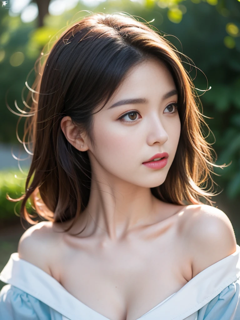 Fashion trendy beautiful and charming woman, gentle and charming Chinese beautiful woman, Korean(kpop-idol), delicate and sexy collarbone, charming oval face, double eyelids, smart peach blossom eyes, pink lips, small nose, bare shoulders, focus on the face, close-up of the face, Ultra-high-definition, super-detailed, the ((loose)), white off-the-shoulder shirt perfectly echoes the light blue high slit miniskirt, fresh and impressive, Natural(medium breasts:1.25), (nsfw:1.2)