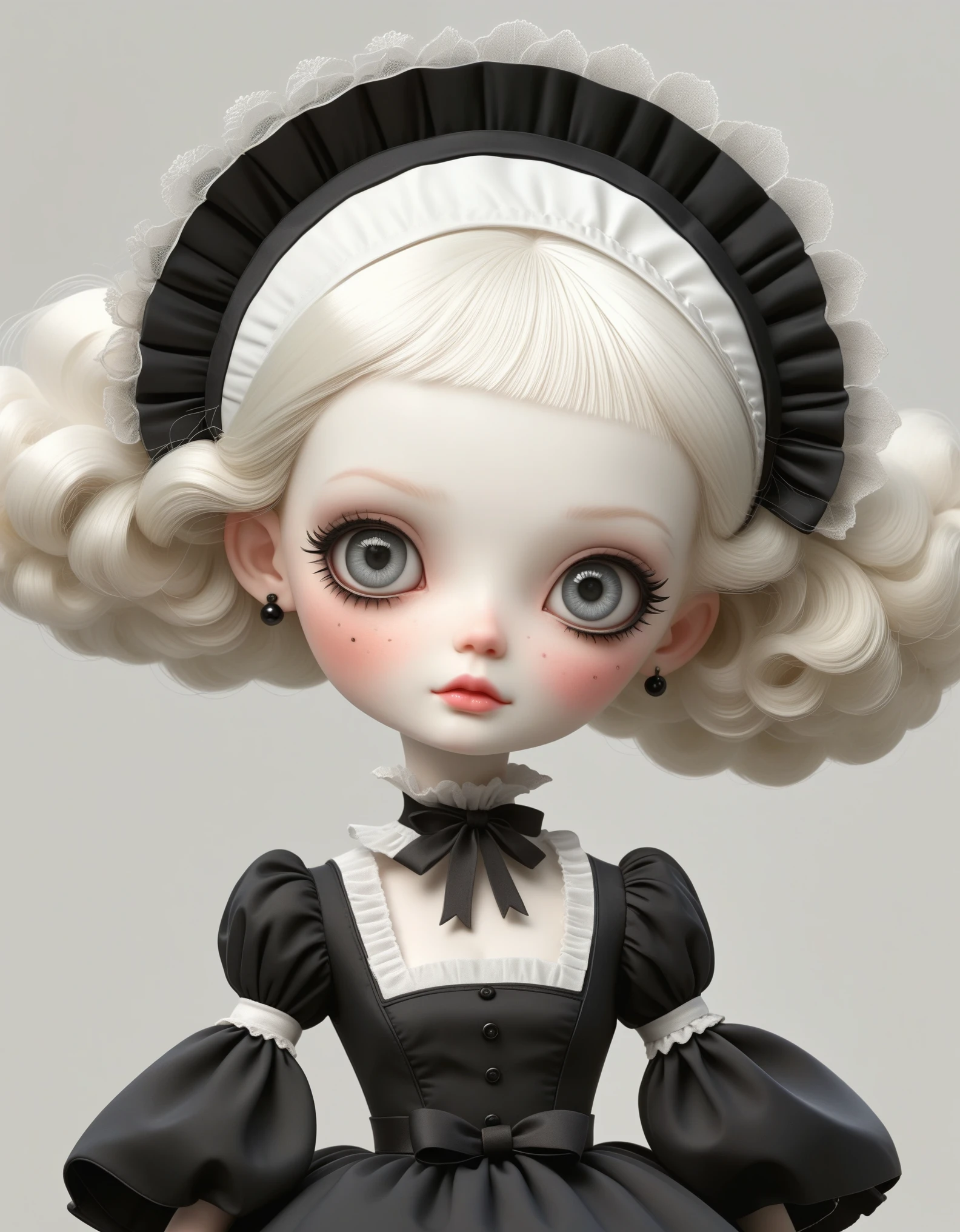 Micro Landscape：Real Barbie，Close up of a doll wearing a black and white dress, Ray Caesar (Ray Caesar) Inspired 3D rendering, Polycount competition winner, Gothic art, Maid costume, Gothic girl anime girl, Weird art style, Maid costume, Artwork in the style of Guweiz, , Witch Costume, dark and fear style, fear!! Very detailed