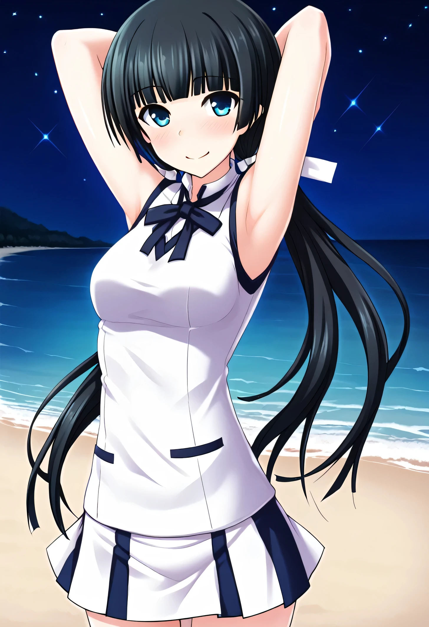 Mayuzumi Yukie, black hair, blunt bangs, long hair, low twintails, blue eyes , short sleeves, white sweater vest, white shirt, white skirt, neck ribbon, black ribbon, high quality, solo, night sky, beach, arms behind head, contrapposto, closed mouth, spread armpits, (cowboy shot:1.5), looking at viewer, shy, light smile, best quality, blushing,