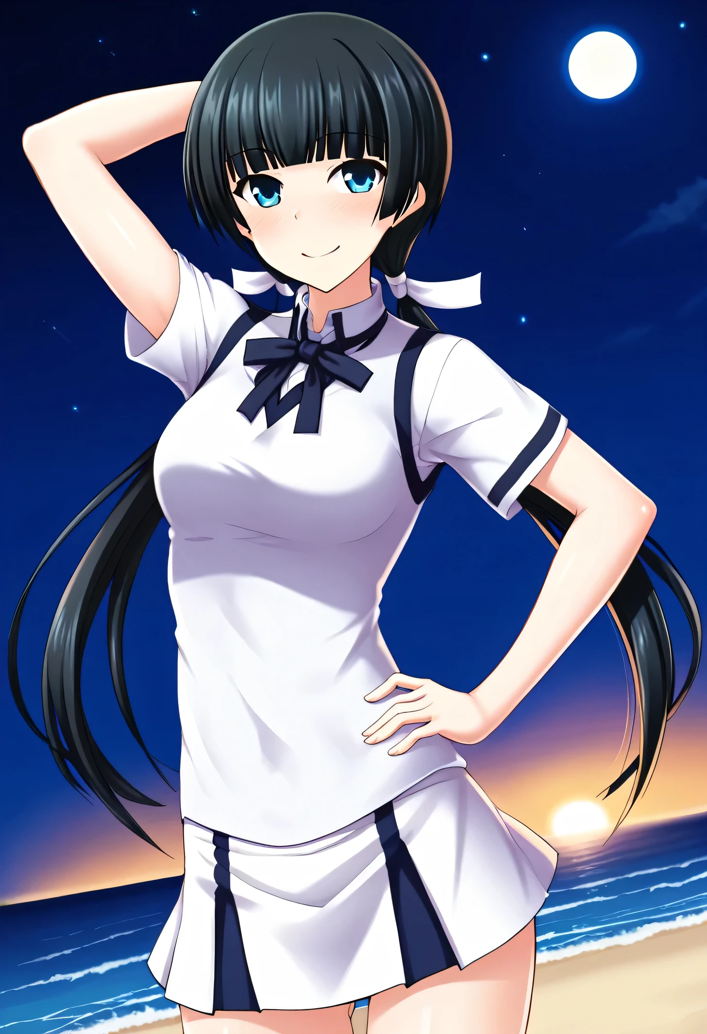 Mayuzumi Yukie, black hair, blunt bangs, long hair, low twintails, blue eyes , short sleeves, white sweater vest, white shirt, white skirt, neck ribbon, black ribbon, high quality, solo, night sky, beach, arm behind head, hand on hip, contrapposto, closed mouth, spread armpits, (cowboy shot:1.5), looking at viewer, shy, light smile, best quality, blushing,