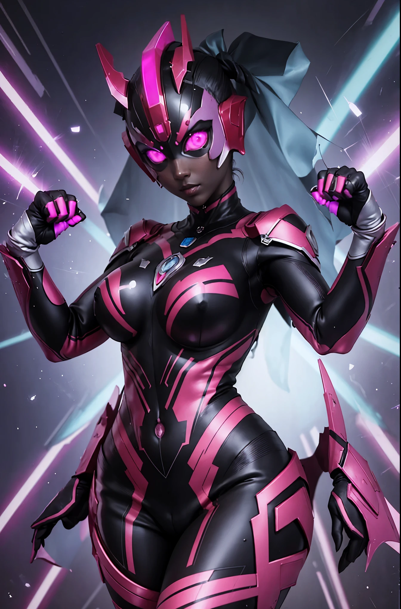 Ultraman Woman. （high quality）（luster）（(Black Face and red eyeline)）（Black and purple thema color）women only. The whole body is covered with a black bodysuit. Spike decoration. Pink lines all over the body. Heart tattoo in belly. purple coloreye. pink glow crystal. Lift both hands. pink sharp claw. sexy pose. Emphasize the belly button. dark background.
