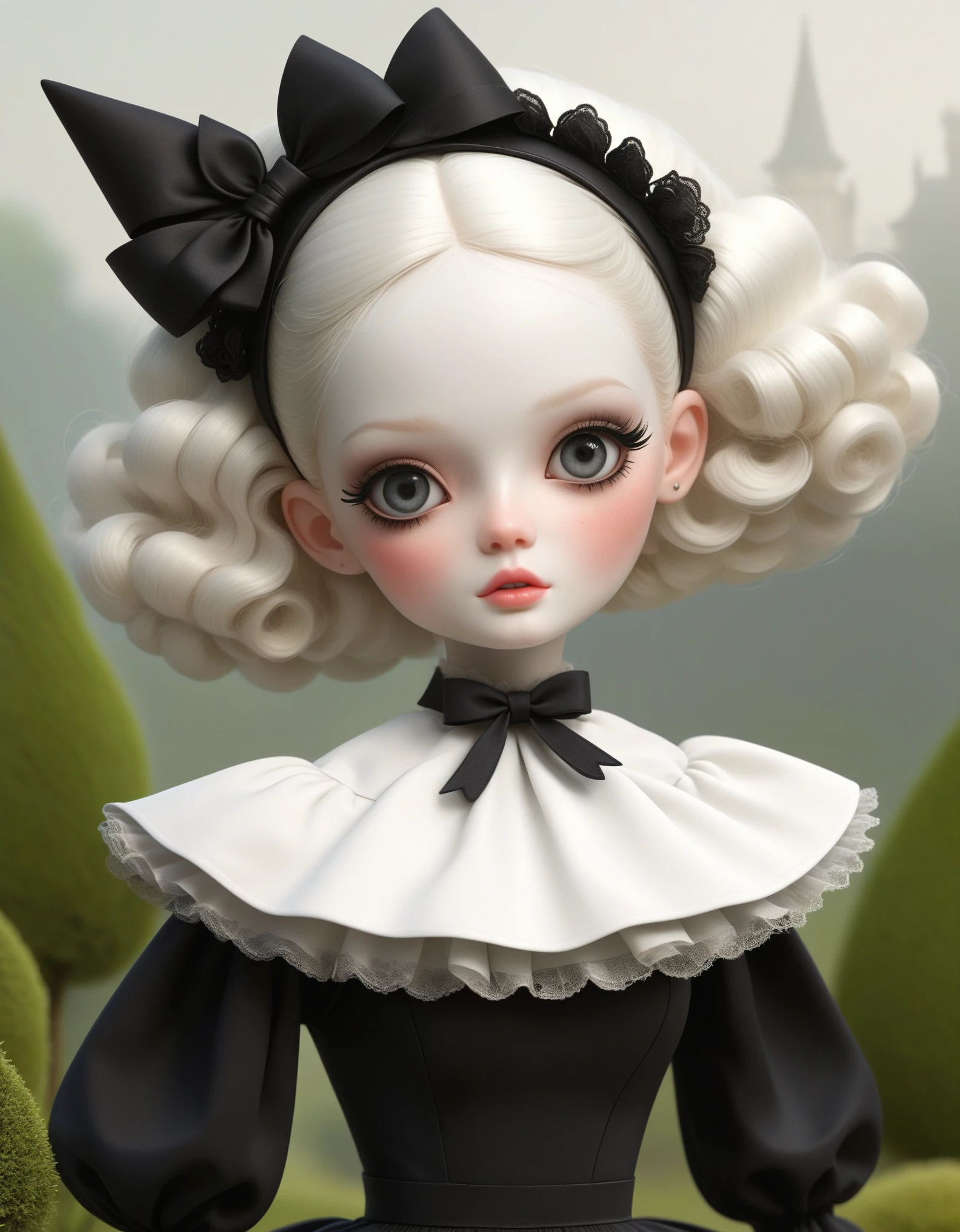 Micro Landscape：Real Barbie，Close up of a doll wearing a black and white dress, Ray Caesar (Ray Caesar) Inspired 3D rendering, Polycount competition winner, Gothic art, Maid costume, Gothic girl anime girl, Weird art style, Maid costume, Artwork in the style of Guweiz, , Witch Costume, dark and fear style, fear!! Very detailed