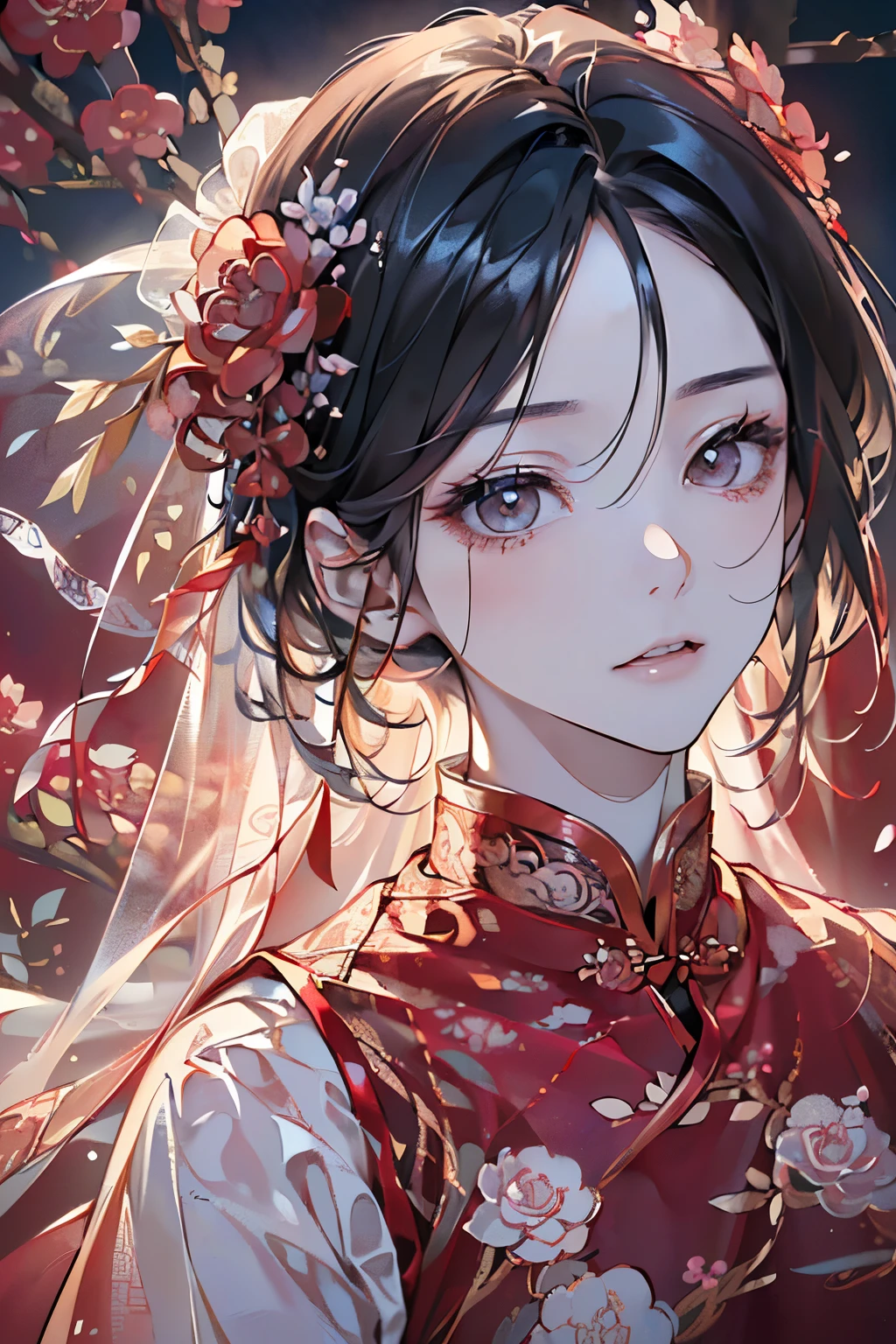 ((16歳くらいのmale性:1.2)),((male:1.4)),((chinese wedding dress:1.2)),((hanfu wedding costume1.25)),((Gorgeous and voluminous outfit:1.3)),((costume by red color)),((Her face is hidden by a sheer veil:1.2)),//((high quality:1.2)),((Shiny eyes:1.3)),((hanfu costume:1.35)),((beautiful image:1.2)),((high graphic:1.2)),Close-up of face