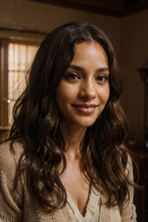 42 years old, long curly hair, brown eyes, long eyelashes, light brown skin, light smile, point of view, atmospheric perspective, 8k, super detail, accurate, best quality