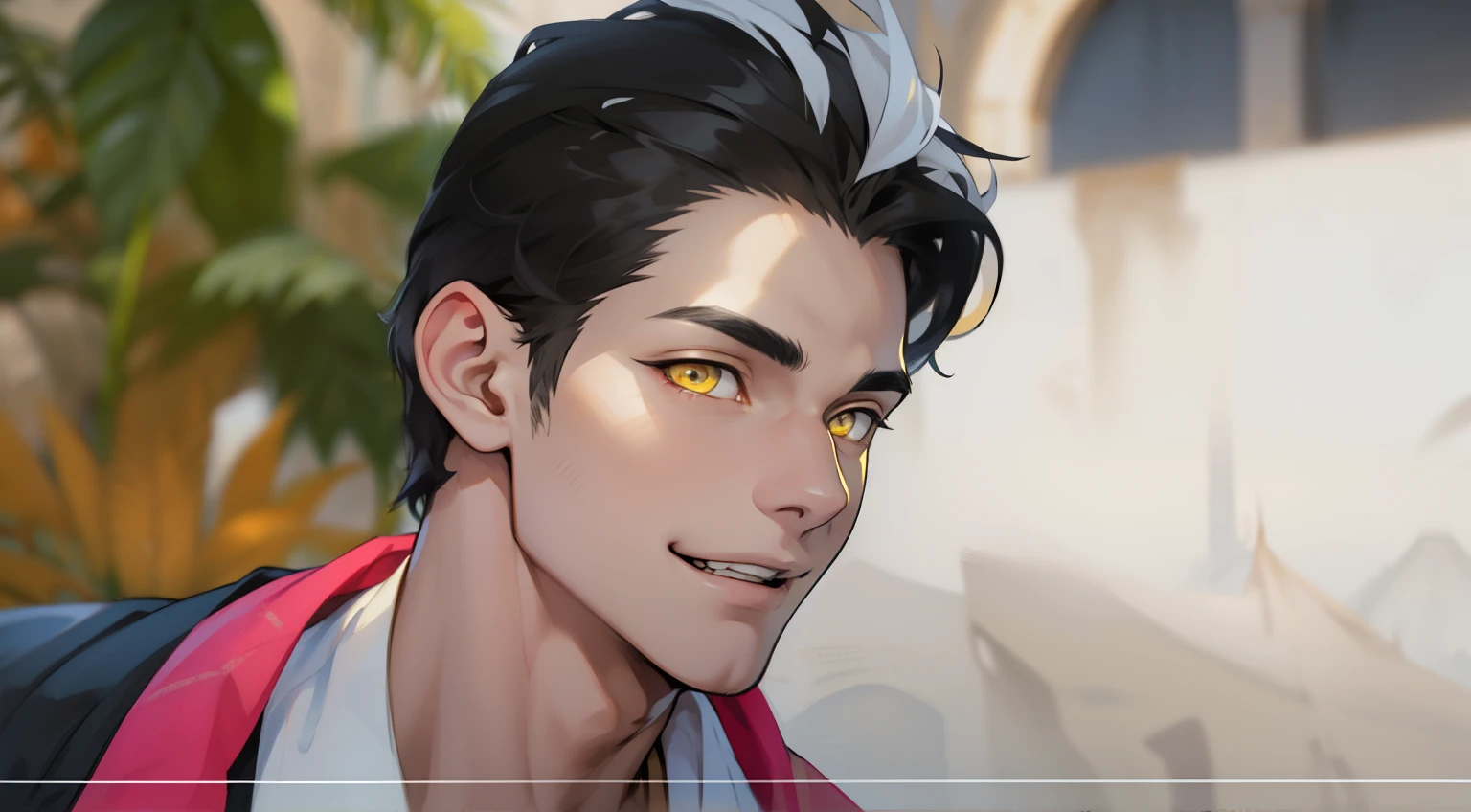 cute 18 year old boy yellow eyes white hair ancient egyptian clothing golden jewelry mischievous smile pocardia speaks with mockery irony yellow eyes white hair golden jewelry black and yellow egyptian clothes
