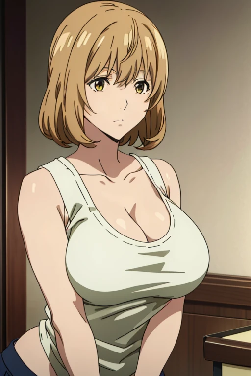 (Best Quality, masutepiece, High resolution, anime screen cap, anime colours), Brown hair, Yellow eyes, Yuriko Aoki, Embarrassed look:1.3, (large full breasts:1.5), cleavage, (Thin fabric, White tank top:1.8, no-bra:1.5), Slimed, Lower your arms, squeezing breasts:1.5, Leaning forward, Upper body, Bedrooms, (Perfect Anatomy, perfect detailed body, Eyes and hair in beautiful detail, Beautiful breasts and skin),