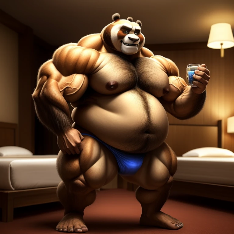 ((Masterpiece)),((Hight quality)),((Hught Detailed)),((Realistic,)) Anime Artistic masterpiece art, Morbid Obese Master Po from Kung-fu Panda movie, while he continues to get fat and fat and fat and fat without stopping thanks to drinking from the hose, Anatomy of character, Sumo wrestler Furry character, and tiny thong, Long shot photo, Real life (Massive, broad shoulders, strong legs and arms, hairy) Obese muscle citizen (massive obese, strong legs and arms, hairy, incredibly big looking), Anatomy of character, He is a sexual companion standing in a hotel room naked, He is drinking a drug that will make his body hyper big, hyper muscular, hyper fat at his client's request, flex his muscles