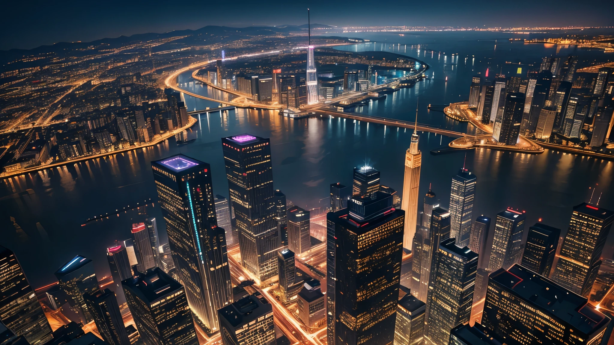 Top of huge building + first person image + dark sky + city all lit up + High quality image + 4K