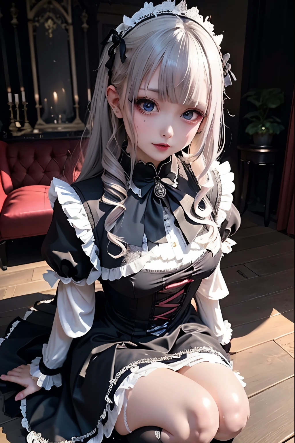 ハードDark Gothicメイク、Deep Night Sky、Horror、Black dark eyeshadow、cry、sad、Good skin radiance、Dark smile、palace、24-years-old、Embarrassed look、Dark Gothic、Obscene language、highest quality、Drunk face、紫のMaid clothes、Mysterious、Noble、sexy、Loving smile、Right blue eye, Left eye is red、Platform Heel Shoes、Heavy makeup、Gothic ta Clothing、A little slimmer、Silver Hair、Long Hair Straight Hair、Cute Gothic Loliress、Beautiful Face、elegant features、Fascinating face、Stained glassが背景、Chest glistening with sweat、The room is dark、gothic long dress、Bell Sleeves、Wizard Sleeve、Decadent look、Sexually excited expression、Glossy thighs wet with water、Thighs that are wet and shiny with oil、Background of a room full of roses、The embroidery is pink、The dress has pink embroidery、Thigh-high socks、Knee-high socks、Gentle expression、Dark black eyeshadow、Stained glassと薔薇背景、Female Duo、Female couple、dark church background、Stained glass、Black metal world、Dark Castle、Slender body、Maid clothes、Victorian dresses、Her thighs glisten with sweat、My body is wet and shiny、Lots of glitter on the thighs、sweating、My thighs are sticky from sweating、Sweat glistens on the thighs, The whole body is sweaty and shiny、Quite sweaty、My thighs are sweaty、My thighs are so wet、My thighs are shining with sweat、A lot of sweat glistens all over the body、Small breasts、Orchestra Stage、Dynamic Angle、sitting on a gothic chair、Play the violin、With a violin、Press the violin strings、rubbing the violin strings、violinist、Thin thighs、