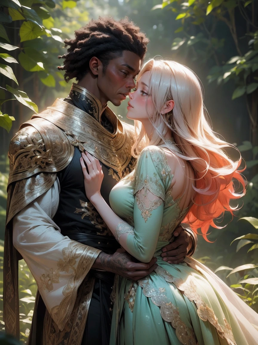{-erro_de_anatomia:1.0}(best quality,4k,8k,highres,masterpiece:1.2), ultra-detailed, (realistic,photorealistic,photo-realistic:1.37), mature milf, illyasviel von einzbern, redhead hair, upper body, vibrant colors, glowing skin, mesmerizing eyes, brown eyes, elegant pose, enchanting background, delicate lace dress, green dress, surreal lighting, ethereal atmosphere, mystical aura, intricate details, artistic medium, digital illustration, fantasy, anime, walking on nature, kissing a beautiful black man (black skin)
