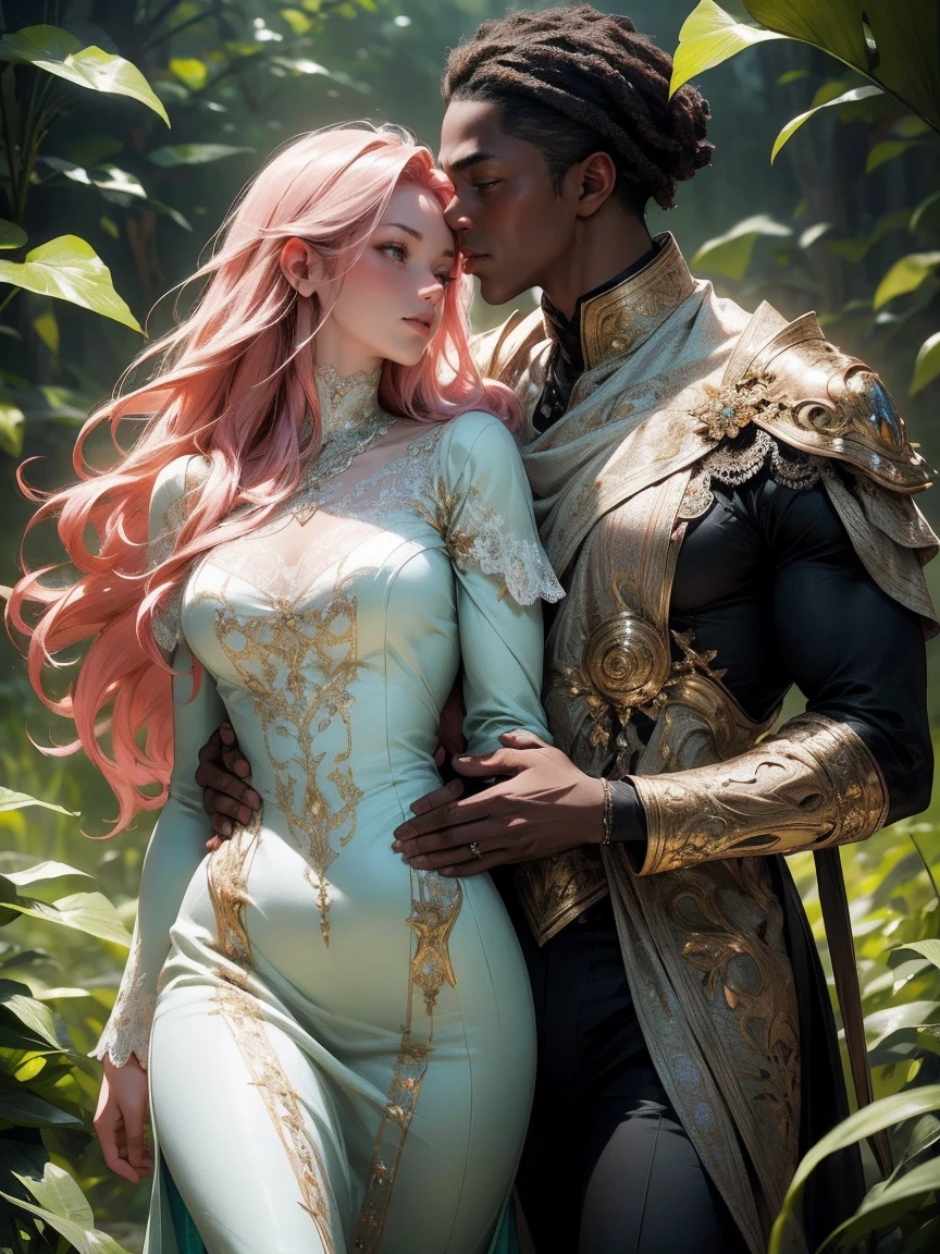 {-erro_de_anatomia:1.0}(best quality,4k,8k,highres,masterpiece:1.2), ultra-detailed, (realistic,photorealistic,photo-realistic:1.37), mature milf, illyasviel von einzbern, redhead hair, upper body, vibrant colors, glowing skin, mesmerizing eyes, brown eyes, elegant pose, enchanting background, delicate lace dress, green dress, surreal lighting, ethereal atmosphere, mystical aura, intricate details, artistic medium, digital illustration, fantasy, anime, walking on nature, kissing a beautiful black man (black skin)