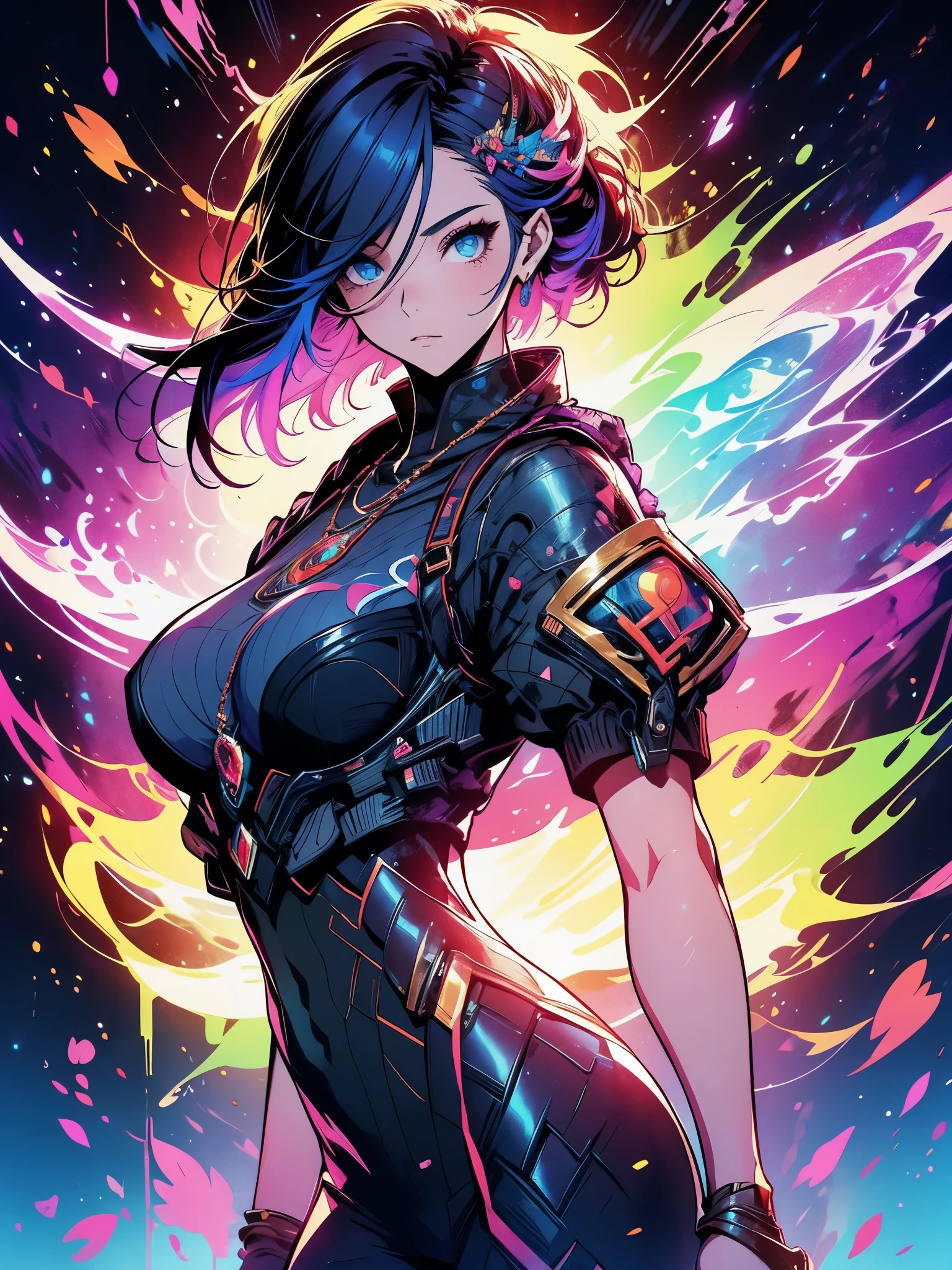 Close-up of a woman with Colorida hair and necklace, anime girl with cosmic hair, vitalidade suave de Rossdraws, obras de arte em estilo Guvez, estilo de arte de fantasia, Colorida], estilo de fantasia vibrante, Desenho animado Rossdraws cheio de vitalidade, cosmic and Colorida, Guweiz, Colorida digital fantasy art, estilo de arte impressionante, lindo estilo de anime, Pele branca, Fantasia do Homem-Aranha,