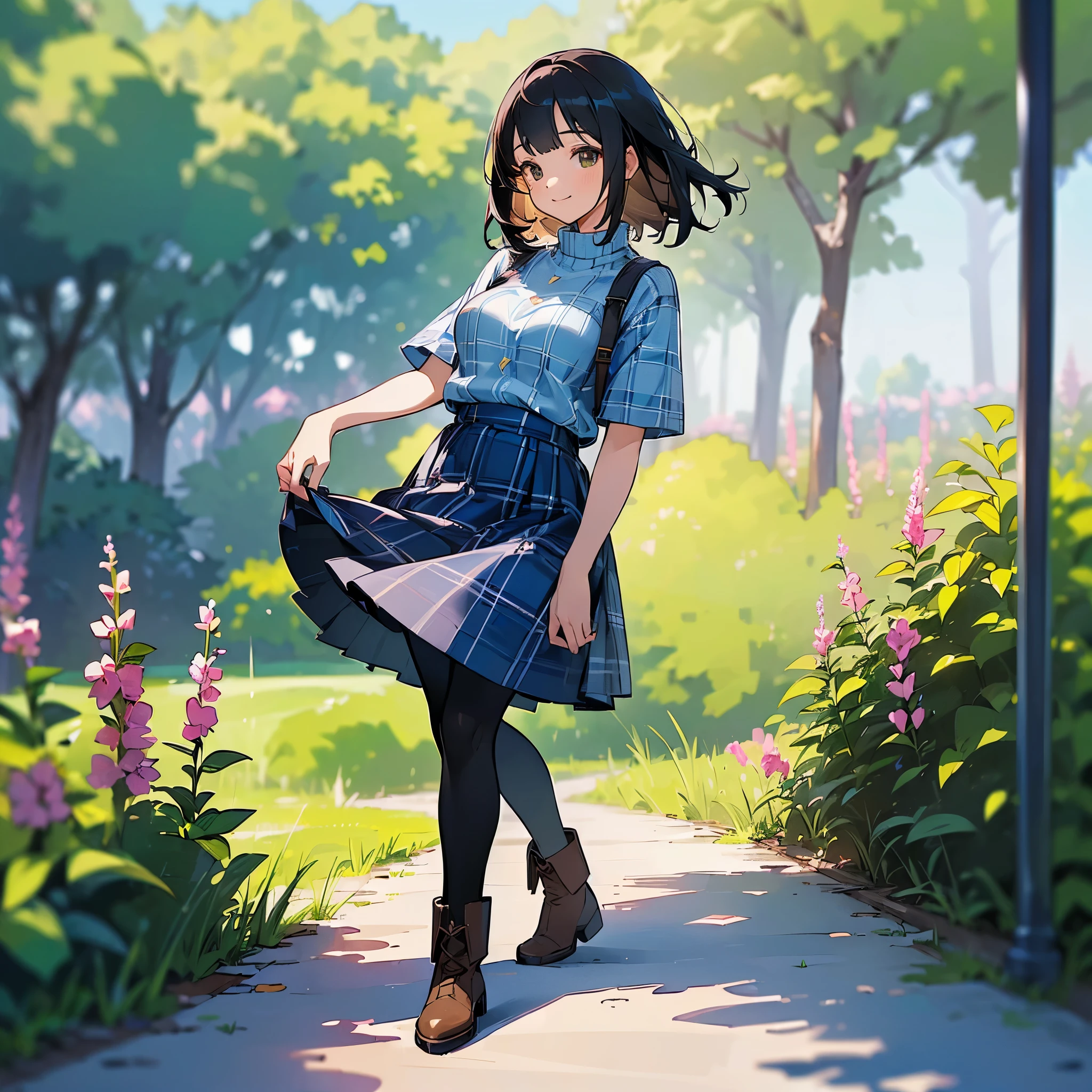 (high quality, High resolution, Very detailed, reality:1.37), Peaceful atmosphere, (Outdoor, garden), Teenage girl standing alone, (my breasts are big.), Beautiful details, Cute Smile, (Black bob hair), Short sleeve ribbed sweater, Blue plaid skirt, black tights, Brown boots.