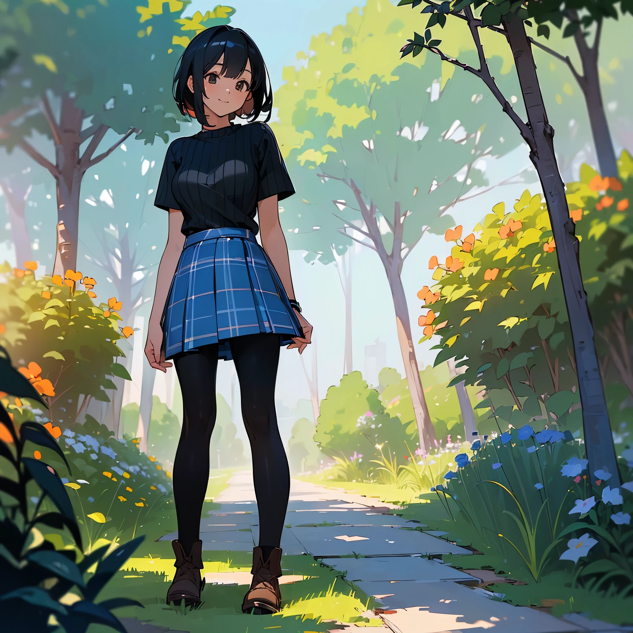 (high quality, High resolution, Very detailed, reality:1.37), Peaceful atmosphere, (Outdoor, garden), age girl standing alone, (my breasts are big.), Beautiful details, Cute Smile, (Black bob hair), Short sleeve ribbed sweater, Blue plaid skirt, black tights, Brown boots.