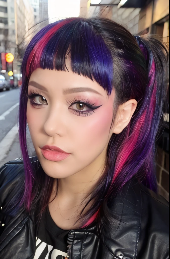 woman, microbangs, rainbow hair, punk aesthetic, long ponytail, outdoors, long sides, punk, glam punk makeup, heavy makeup, leather jacket