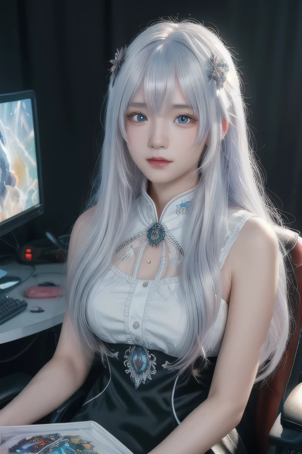 ((best quality)), ((masterpiece)), Snow mountain,((ultra-detailed)), extremely detailed CG, (illustration), blizzard, ((detailed light)), (an extremely delicate and beautiful), 1girl, solo, ((cowboy shot)), ((cute face)),(beautiful detailed eyes), red eyes,white hair, shiny hair, colored inner hair,Ice rose,Ice hair ornaments,adorns,depth of field, [ice crystal], caustics,lens flare,bokeh, crystal,((floating hair)), ((chromatic aberration)), ((caustic)),((disheveled hair)),watercolor_(medium),detailed background,fluttered detailed splashs, full body view, a gaming setup, background have gaming setup, detailed gaming setup, sitting chair, looking directly in a camera, sitting on a white color gaming chair, mid view, detailed gaming setup view, setup must have multiple monitors, detailed background, black color dress ((black color dress))