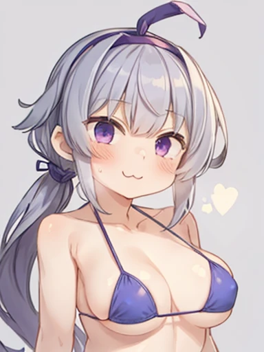 masterpiece, highest quality, One girl, 一人in, length_hair, ponytail, Looking_in_Audience, blush, smile, hairband, dull_Van, One side up, Mouth closed, purple_hair, bikini, :3, Simple_background, Big Breasts,
