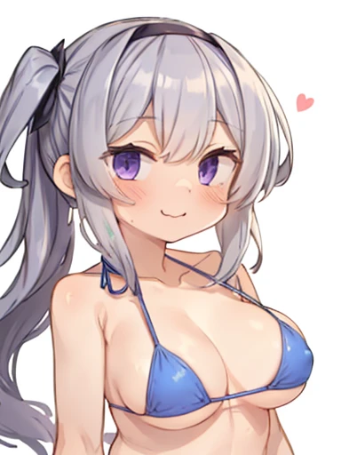masterpiece, highest quality, One girl, 一人in, length_hair, ponytail, Looking_in_Audience, blush, smile, hairband, dull_Van, One side up, Mouth closed, purple_hair, bikini, :3, Simple_background, Big Breasts,