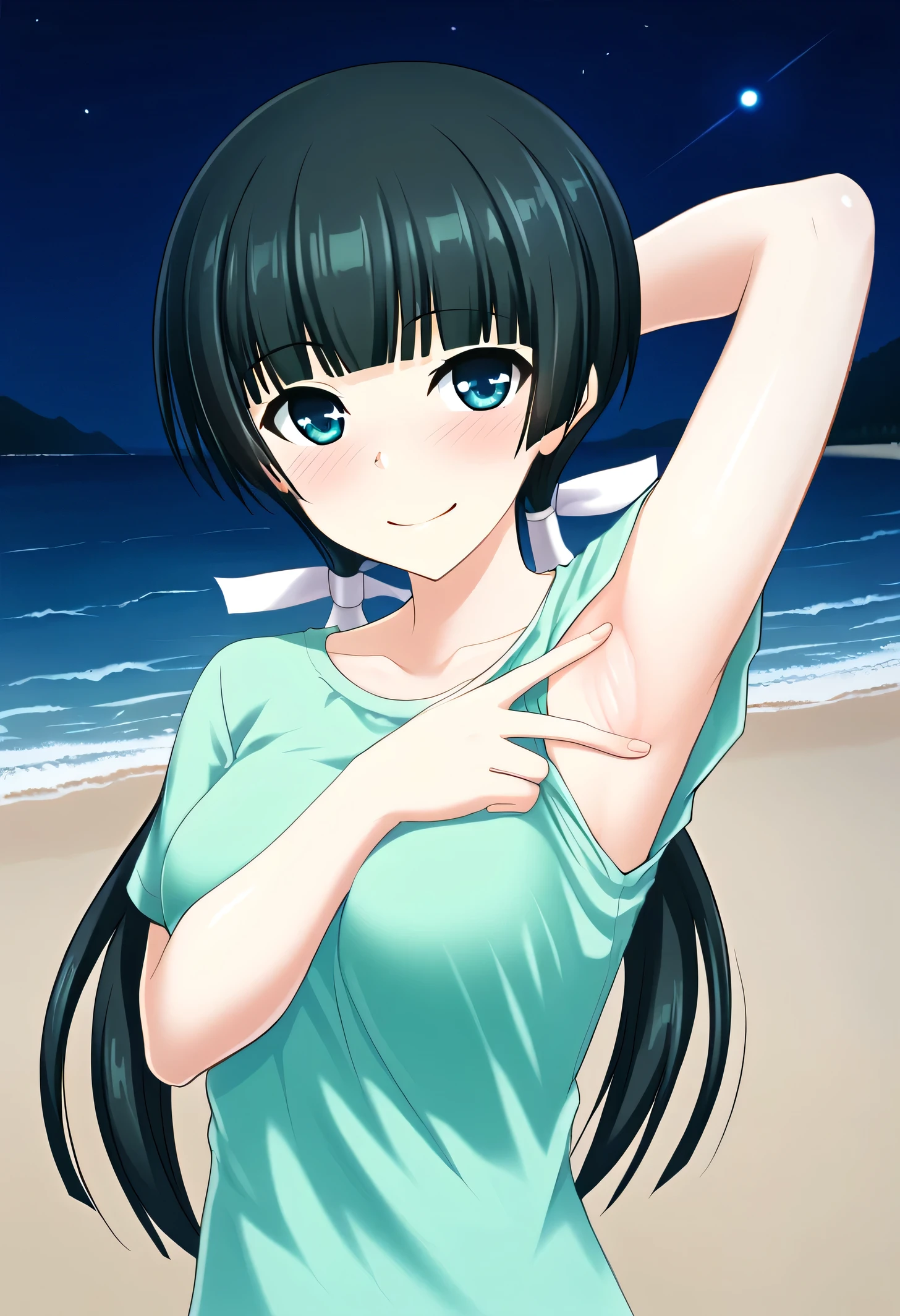 Mayuzumi Yukie, black hair, blunt bangs, long hair, low twintails, blue eyes , short sleeves, green top, green hot pants, high quality, solo, night sky, beach, arm behind head, contrapposto, closed mouth, spread armpits, upper body, looking at viewer, shy, light smile, best quality, blushing,