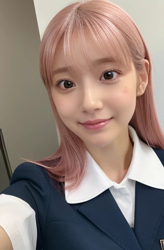 (selfie shot:2), (from above:1.5),(school uniform, short sleeve:1.3),(flat chest:1.3),(Close Up:1.3), Top quality, 1 beautiful Japanese woman, ,high school student,(18 years old),long Hair, (pink hair:1.2), Ultra-realistic capture, Highly detailed, High resolution 16k close-up of human skin. Skin texture must be natural, With such detail that pores can be finely identified. Skin should look healthy, In a uniform tone. Use natural light and color,