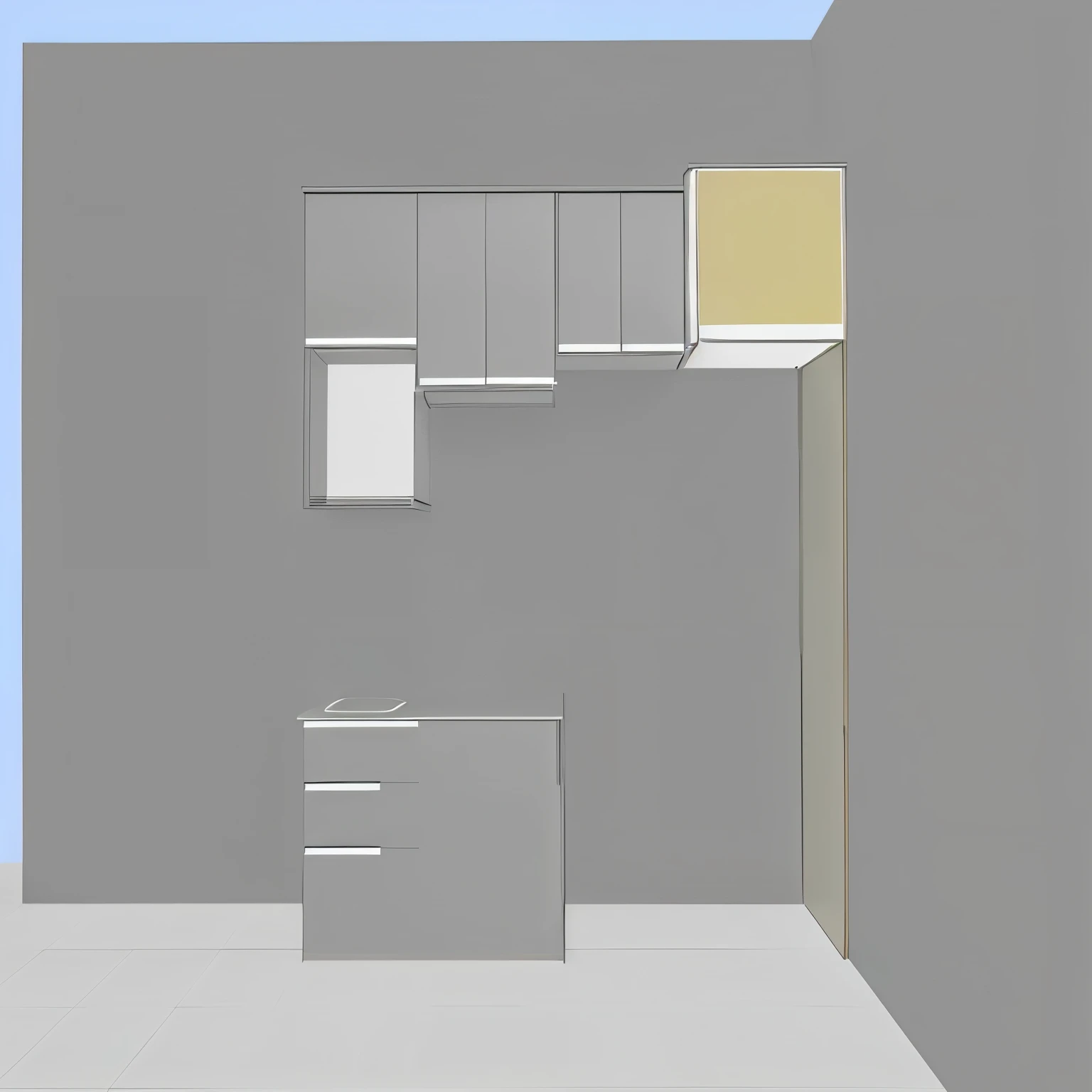 Create an image similar to a rendered view of the 3d scene of a kitchen with furniture. The resulting image must be as close as possible to the inserted image, preserving the colors of the furniture, piso, paredes, vidros, puxadores de portas, puxadores de gavetas.