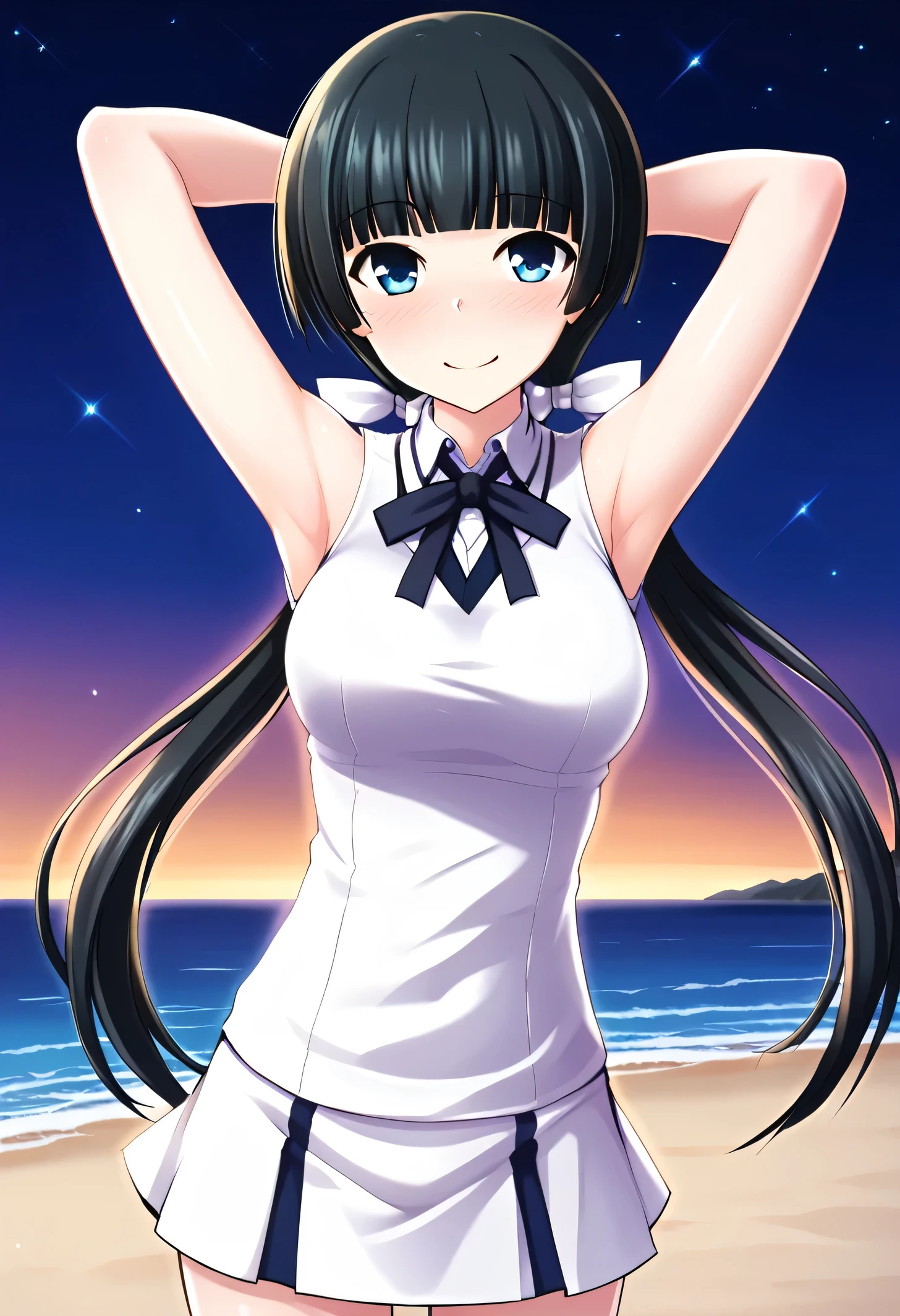 Mayuzumi Yukie, black hair, blunt bangs, long hair, low twintails, blue eyes , short sleeves, white sweater vest, white shirt, white skirt, neck ribbon, black ribbon, high quality, solo, night sky, beach, arms behind head, contrapposto, closed mouth, spread armpits, (cowboy shot:1.5), looking at viewer, shy, light smile, best quality, blushing,