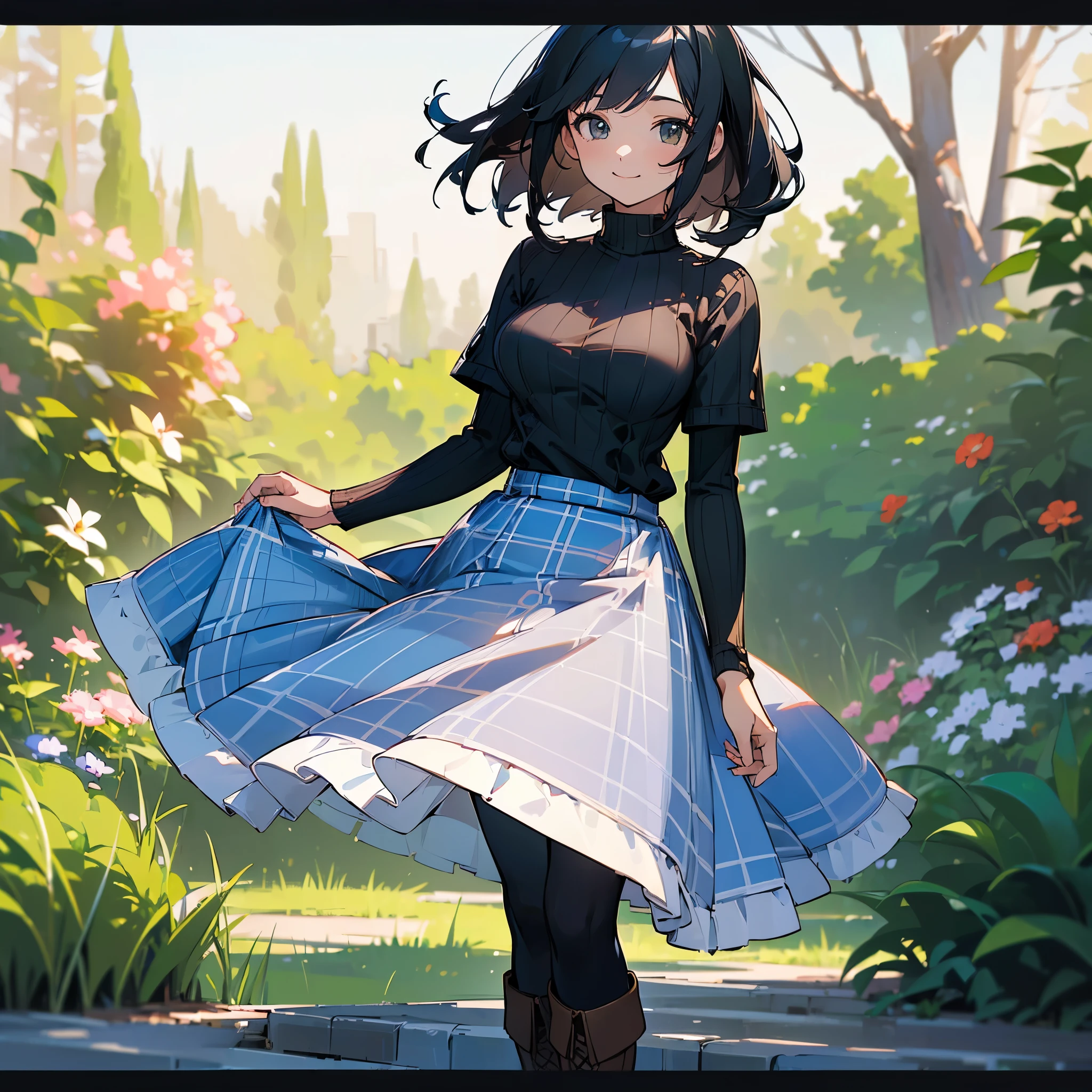 (high quality, High resolution, Very detailed, reality:1.37), Peaceful atmosphere, (Outdoor, garden), girl standing alone, (my breasts are big.), Beautiful details, Cute Smile, (Black bob hair), Short sleeve ribbed sweater, Blue plaid skirt, black tights, Brown boots.