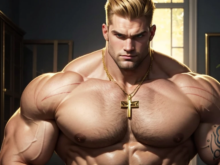 Whole body image of an Absolute monster of a Caucasian is showing off his huge bicep muscles. Huge huge shoulders and massively overdeveloped traps, he is as broad as he is tall. 30 years old. blond close cropped stubble, powerfully muscled, massive shoulders and biceps. well-defined six pack. Exceptionally thick gold cross necklace. chest tattoo. Forest