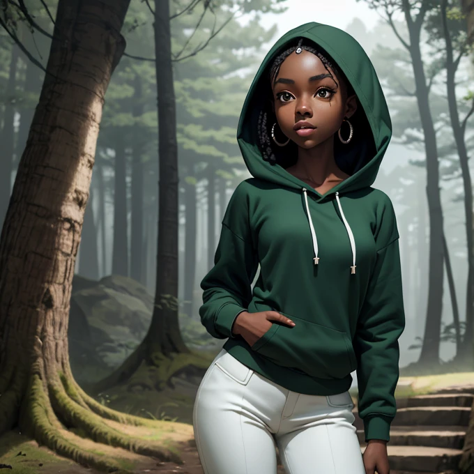 (masterpiece, best quality), deep ebony 1girl, beautiful face, short braids, forest background, Celtic vibe, beautify, Lofi vibe, cute night vibe, concentrated, hands outside of the picture, wearing a hoodie, green tunic and white trousers, hoddie has no zippers, night sky, looking cool, round pearl earrings, legend of Zelda inspired setting, black skin girl , link cosplay