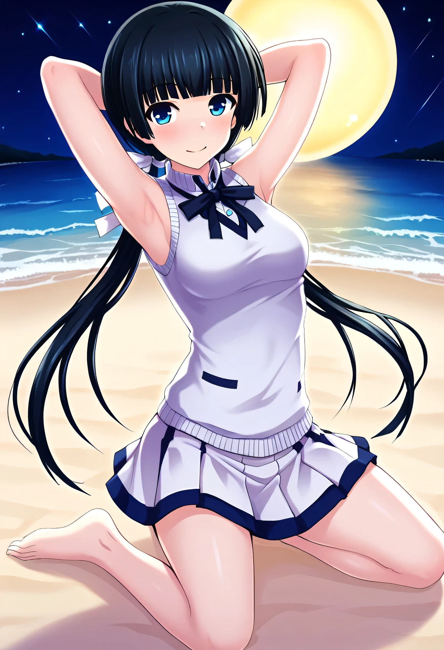 Mayuzumi Yukie, black hair, blunt bangs, long hair, low twintails, blue eyes , short sleeves, white sweater vest, white shirt, white skirt, neck ribbon, black ribbon, high quality, solo, night sky, beach, arms behind head, contrapposto, closed mouth, spread armpits, (full body), looking at viewer, shy, light smile, best quality, blushing,