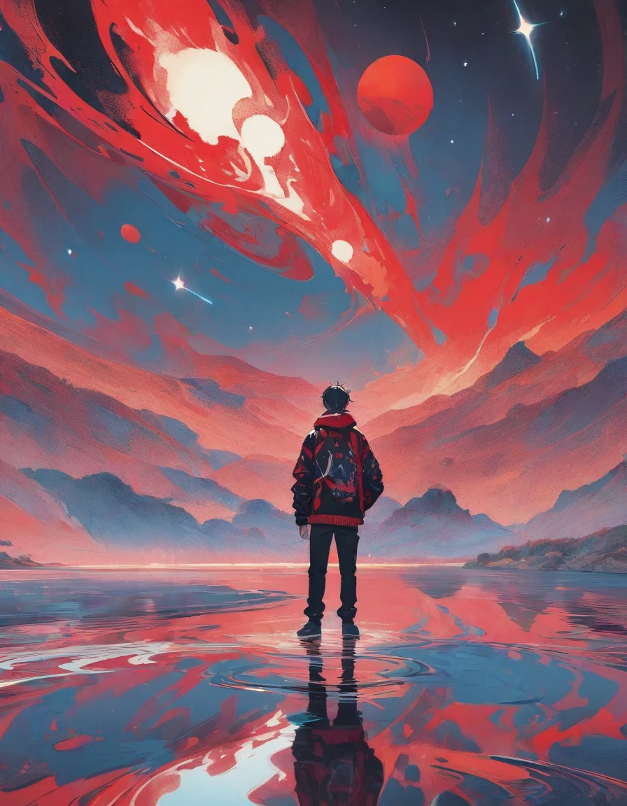 abstract painting,Linoleum cut of a ager standing on reflective water under the stars,meteor,Energetic,Black and White,red color,texture,pattern