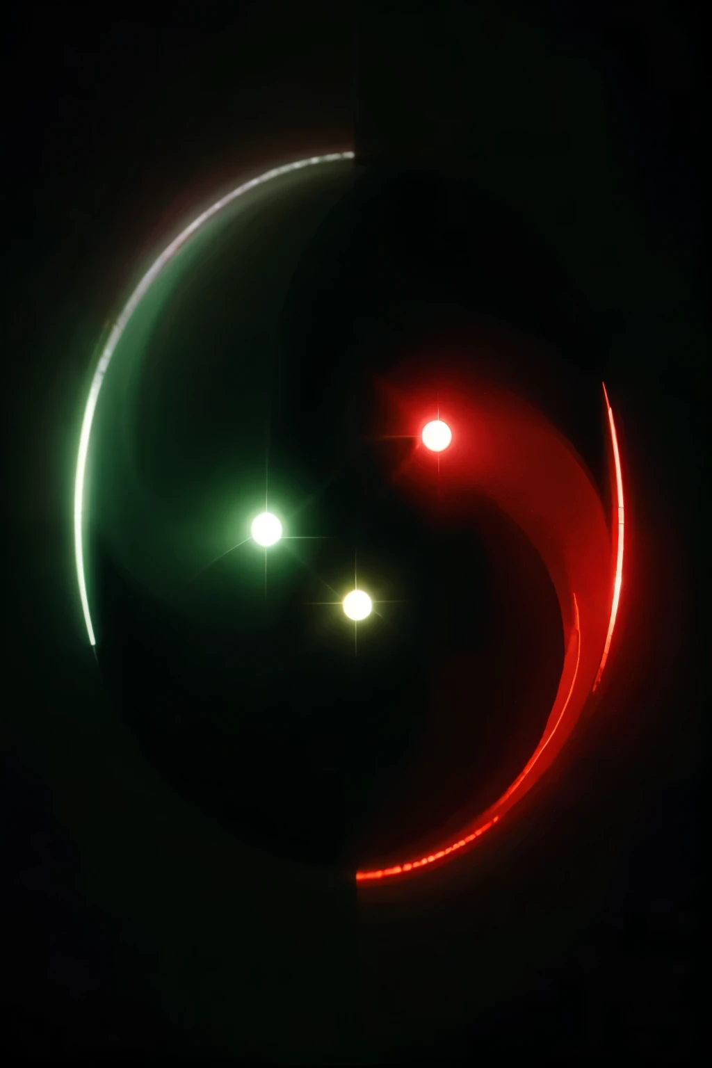 We open in a dark, boundless void in space. Pulsing, reflective beams of green and red, light in the shape of the ying yang across the screen. no people
