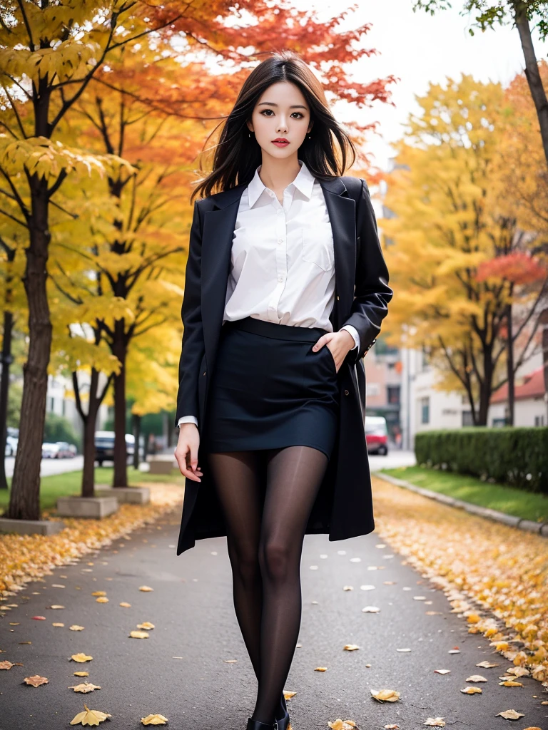(RAW photo:1.2), (Photorealistic:1.4),Beautiful detailed woman,very detailed eyes and faces, A detailed eye, ultra - detailed,A high resolution, The is very detailed,best qualtiy,illustratio,unified,8k wallpaper,tmasterpiece,best qualtiy,1girll,Solo,lacepantyhose,long whitr hair,brown hair,exteriors,a skirt,Manteau,with brown eye,Black shoes,The background is blurred out,bblurry,full bodyesbian,autumnal,fall leaves,looking at viewert,The tree,high-heels,are standing,black pantyhoses