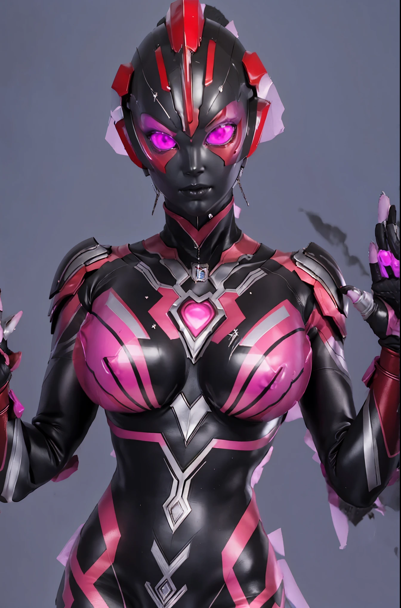 Ultraman Woman. （high quality）（luster）（(Black Face and red eyeline)）（Black and purple thema color）women only. The whole body is covered with a black bodysuit. Spike decoration. Pink lines all over the body. Heart tattoo in belly. purple coloreye. pink glow crystal. Lift both hands. pink sharp claw. sexy pose. Emphasize the belly button. dark background.
