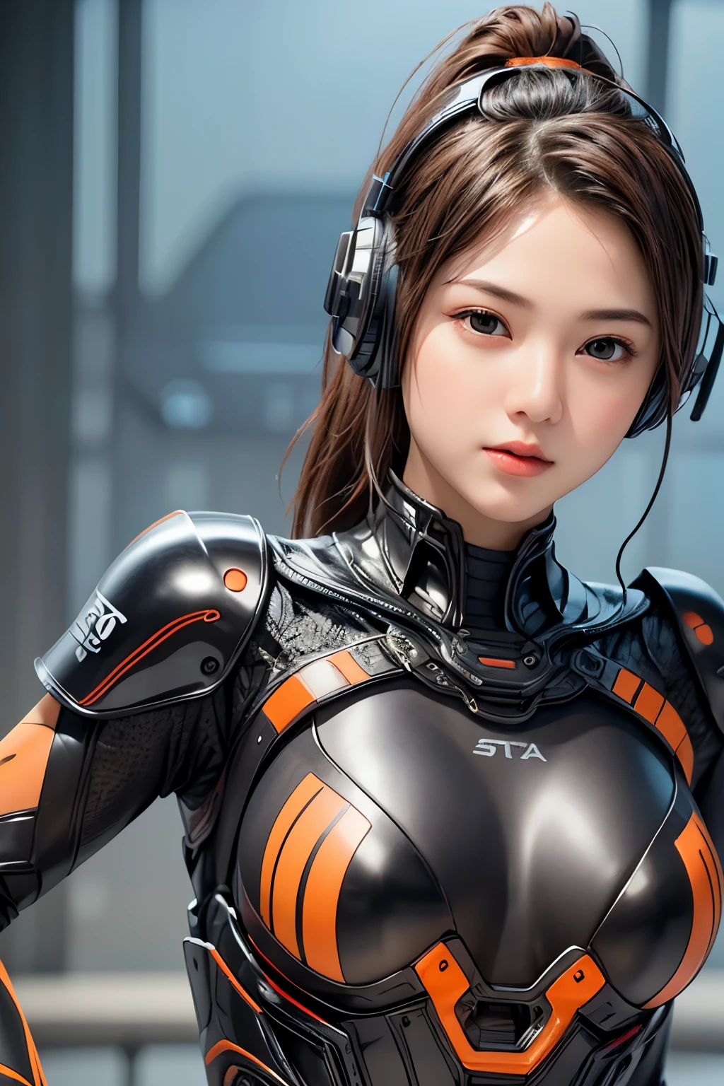 Top Quality, Masterpiece, Ultra High Resolution, (Photorealistic: 1.4), Raw Photo, 1 Girl, Black Hair, Glossy Skin, 1 Mechanical Girl, (((Ultra Realistic Details)), (realistic face: 1.2), realistic skin, Global Illumination, Shadows, Octane Rendering, 8K, Ultra Sharp, Intricate Ornaments Details, wearing Futuristic Headphone, Futuristic headgear, very intricate detail, realistic light, CGStation trend, brown eyes, glowing eyes, matte black and glossy orange bodysuit, orange lining on suit, Long hair, Ponytail hair, half body shot, spaceship bridge background, dynamic pose,
