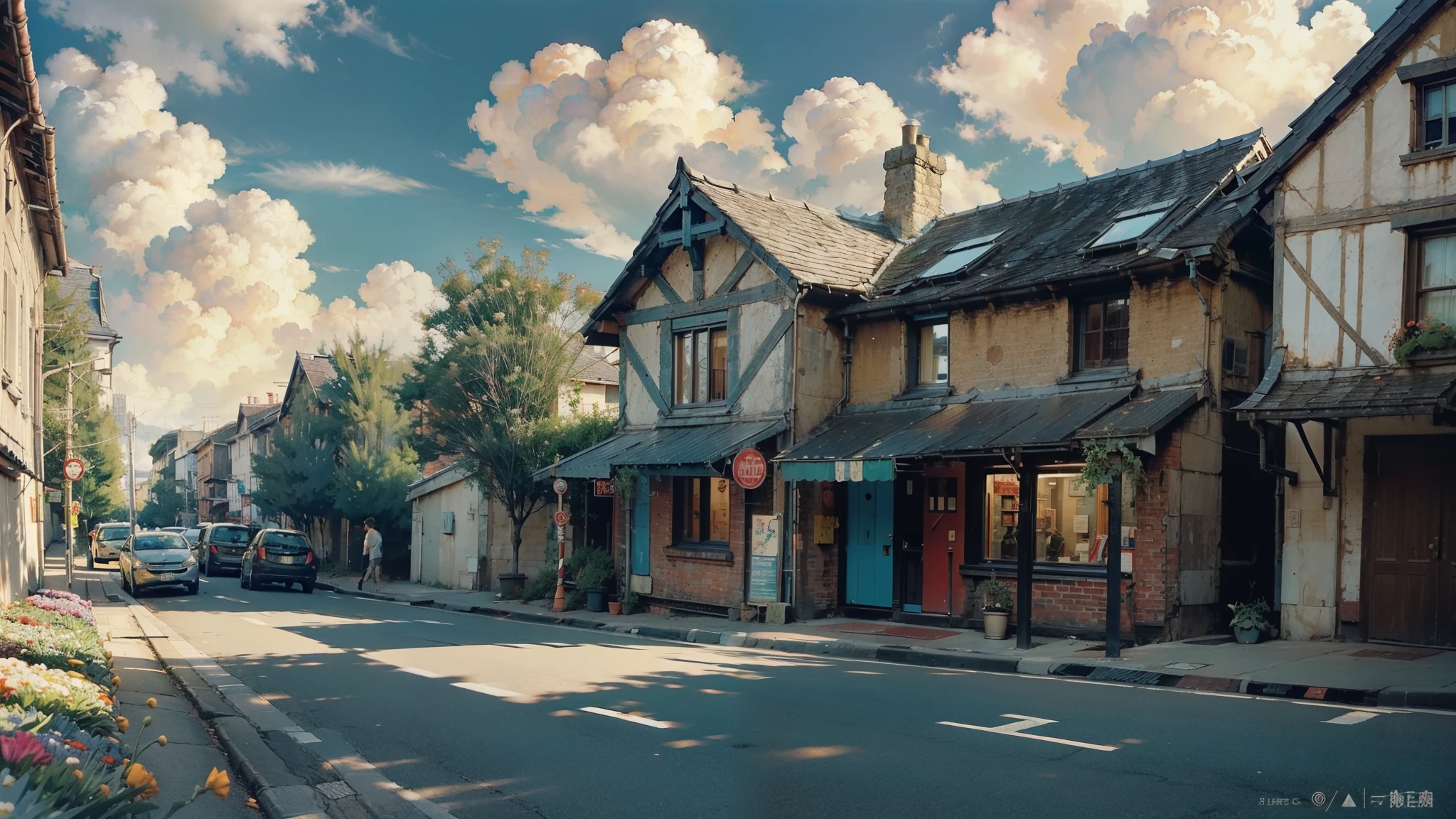 Oil_,architecture, street,Sunlight, Flowers, Green Plants,((Blue sky)),((cloud)),