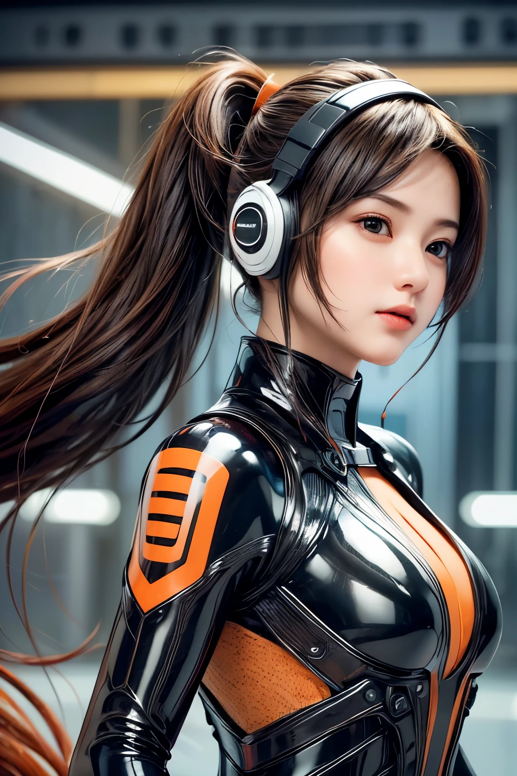 Top Quality, Masterpiece, Ultra High Resolution, (Photorealistic: 1.4), Raw Photo, 1 Girl, Black Hair, Glossy Skin, 1 Mechanical Girl, (((Ultra Realistic Details)), (realistic face: 1.2), realistic skin, Global Illumination, Shadows, Octane Rendering, 8K, Ultra Sharp, Intricate Ornaments Details, wearing Futuristic Headphone,  Futuristic headgear, very intricate detail, realistic light, CGStation trend, brown eyes, glowing eyes, matte black and glossy orange bodysuit, orange lining on suit, Long hair, Ponytail hair, half body shot, spaceship bridge background, dynamic pose, 