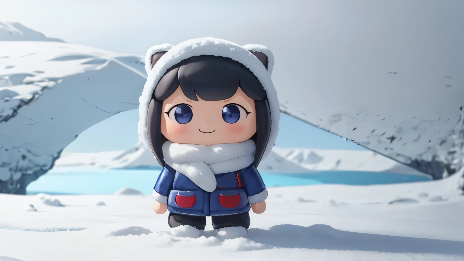 The following scenes will be expressed using chibi girl dolls.（Photo realism、Take a commemorative photo in the Vatnajökull glacier cave、Smile、Cute winter clothes、Take a pair of desert，Ready to fight）