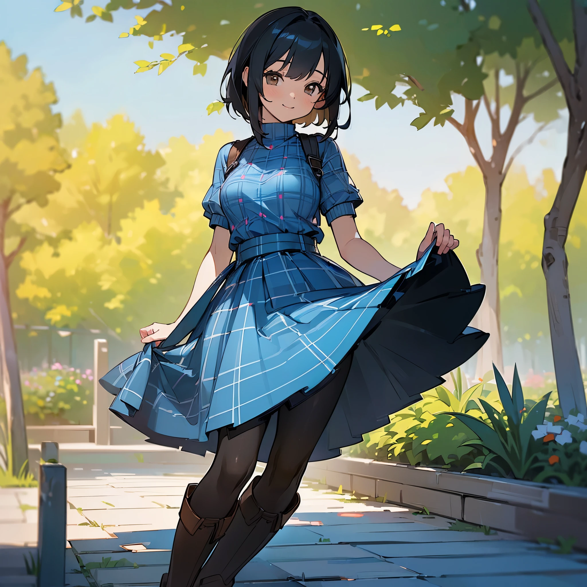(high quality, High resolution, Very detailed, reality:1.37), Peaceful atmosphere, (Outdoor, garden), age girl standing alone, (my breasts are big.), Beautiful details, Cute Smile, (Black bob hair), Short sleeve ribbed sweater, Blue plaid skirt, black tights, Brown boots.