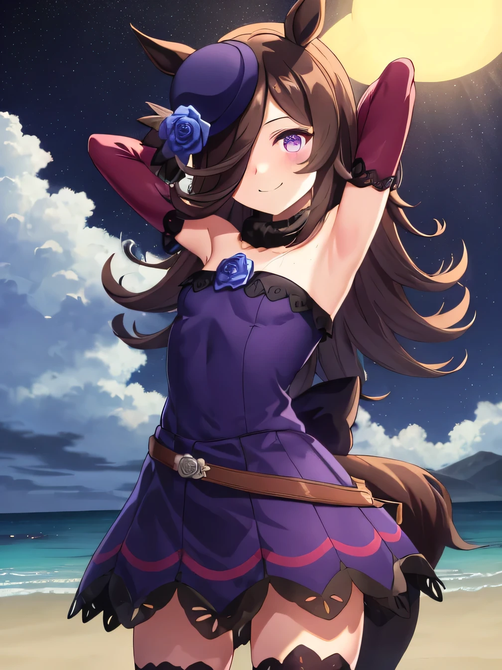 (rice shower \(umamusume\)),(masterpiece),illustration,brown dark hair,long hair,purple eyes,swept bangs,long bangs,long hair,small breast,hair covers right eye,small formal hat on right ear,Purple rose on the hat,purple dark dress,bare shoulders,fur collar,blue rose,short dress,boots, solo, (cowboy shot:1.5), night sky, beach, arms behind head, contrapposto, spread armpits, looking at viewer, best quality, closed mouth, smile, blushing,