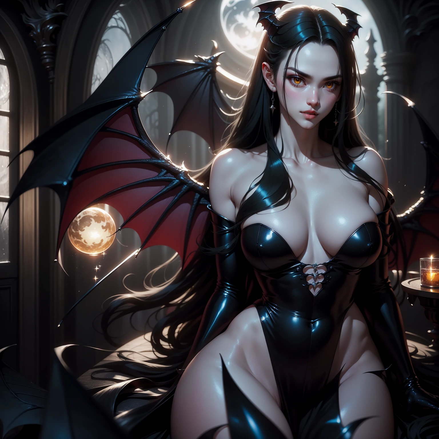 (masterpiece, top quality, best quality, official art, beautiful and aesthetic: 1.2), (1 woman: 1.3) Succubus girl, long black hair, yellow eyes, succubus wing, attractive, moonlight, dinamic poses