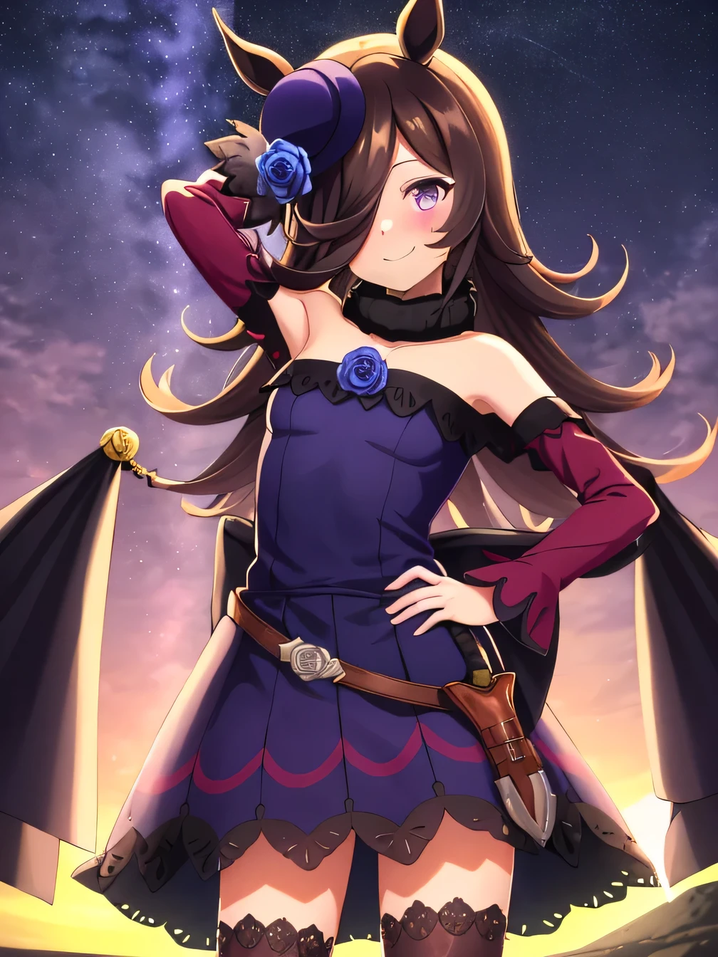 (rice shower \(umamusume\)),(masterpiece),illustration,brown dark hair,long hair,purple eyes,swept bangs,long bangs,long hair,small breast,hair covers right eye,small formal hat on right ear,Purple rose on the hat,purple dark dress,bare shoulders,fur collar,blue rose,short dress,boots, solo, (cowboy shot:1.5), night sky, beach, arm behind head, hand on hip, contrapposto, spread armpits, looking at viewer, best quality, closed mouth, smile, blushing,