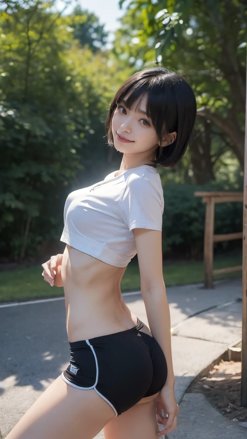 (Backwards:2.0, running:2.0), (Clothing:2.0, Long length white gym t-shirt with black borders:2.0, Black gym shorts:2.0, Knee-high socks:1.5, sneakers:1.5), (Outdoor playground:1.5), (Wet:1.5), ((A grin:1.2, Bobcut:1.2, slender:1.5, Small Ass:1.5)), ((Japanese, 1 Girl, 18-year-old, 7 heads, Ideal body proportions, Black Hair, With bangs, Small breasts, Erect nipples, slender, Small Ass, Beautiful feet, Skinny Legs)), Surrealism, Cinematic Lighting, Depth of written boundary, First Person View, Boobs F/1.8, 135mm, Ticker, Mastepiece, Curate, ((Anatomically correct:1.3)), Textured skin, Super Detail, High detail, High quality, Awards, Best Quality, High resolution, 8K
